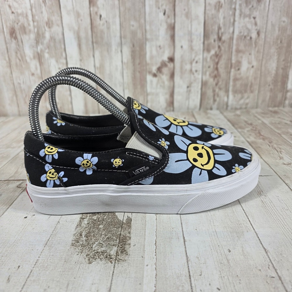 Vans Classic Slip On Floral Daisy Smiley Face Black Blue Sneakers Womens 6